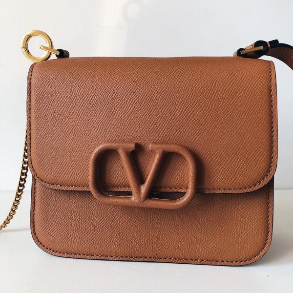 Valentino Small Vsling Shoulder Bag In Brown Grainy Leather High