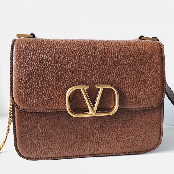 Valentino Vsling Large Shoulder Bag In Brown Grained Calfskin High