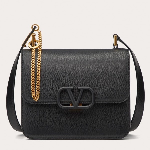 Valentino Vsling Large Shoulder Bag In Black Grainy Calfskin High