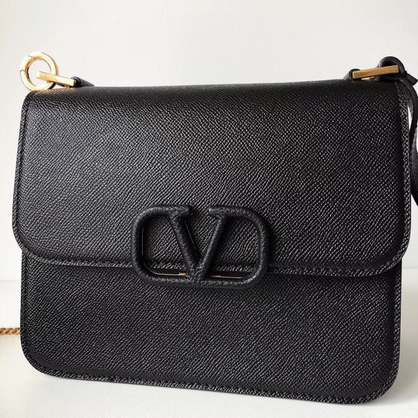 Valentino Vsling Large Shoulder Bag In Black Grainy Calfskin High