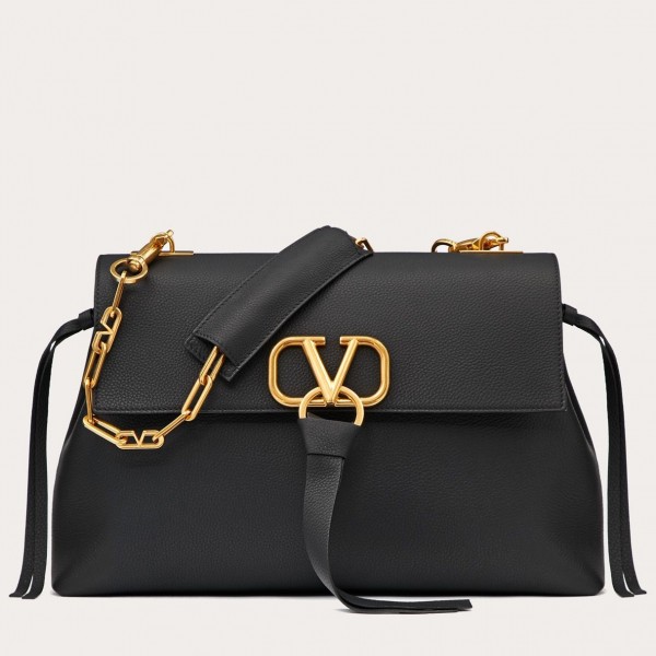 Valentino Medium VRing Chain Bag In Black Grainy Calfskin High