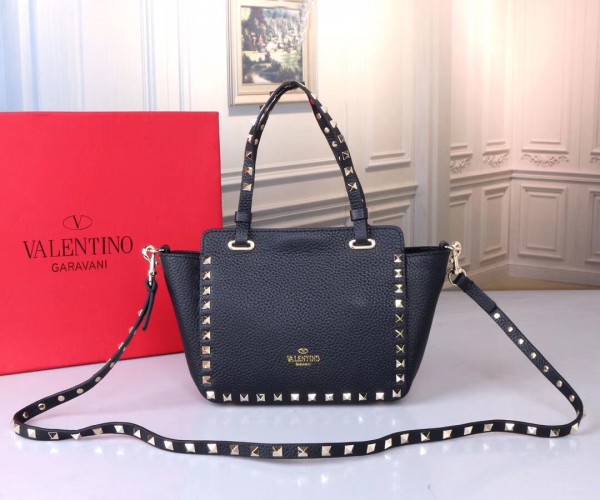 Valentino Mini Tote In Black Grain Calfskin High