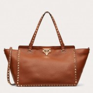 Valentino Medium Tote Bag In Brown Grainy Calfskin High