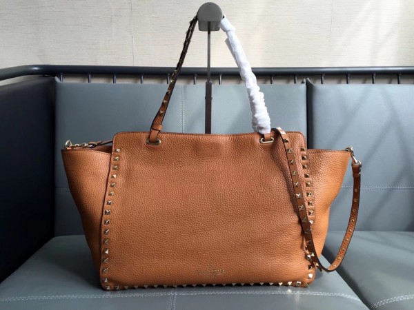 Valentino Medium Tote Bag In Brown Grainy Calfskin High