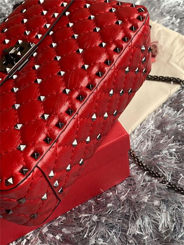 Valentino Spike Medium Bag Crinkled Lambskin Red High