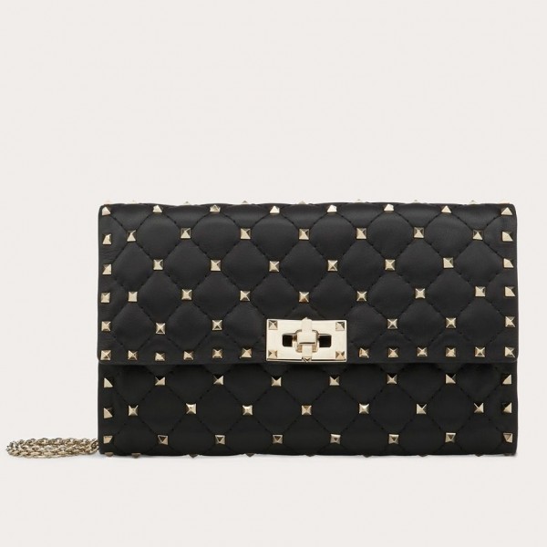 Valentino Spike Chain Clutch Lambskin  In Black High