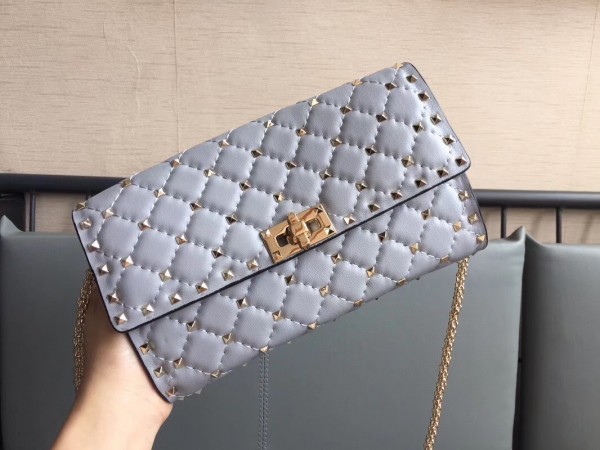 Valentino Spike Chain Clutch Lambskin  In Pastel Gray High