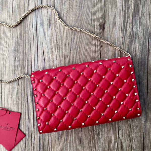 Valentino Spike Chain Clutch Lambskin  In Red High