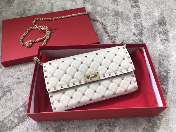 Valentino Spike Chain Clutch Lambskin  In White High