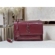 SUNSET MEDIUM IN CROCODILE EMBOSSED SHINY LEATHER Silver-Metal Burgundy High