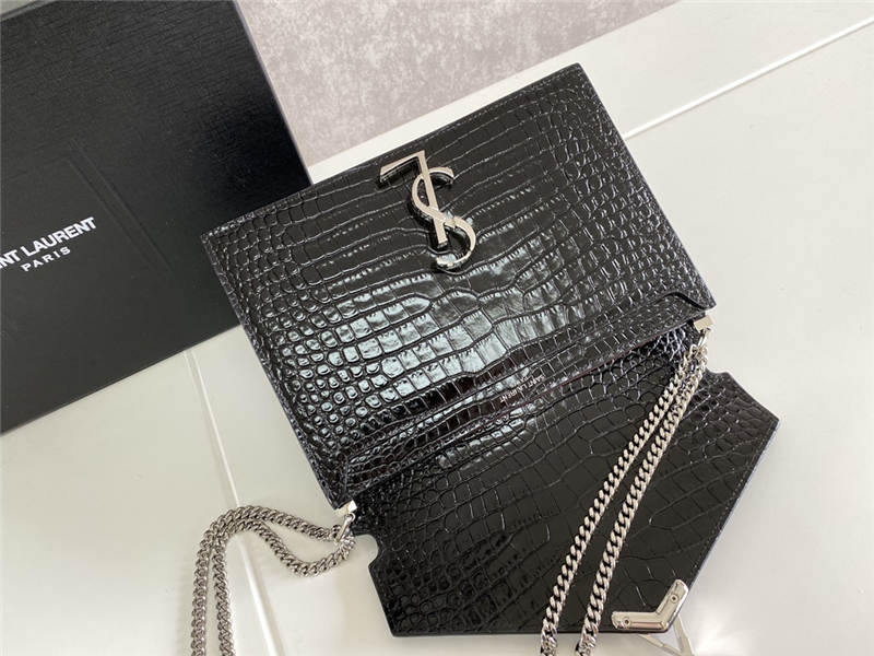 CASSANDRA MEDIUM CHAIN BAG IN CROCODILE-EMBOSSED SHINY LEATHER Black High