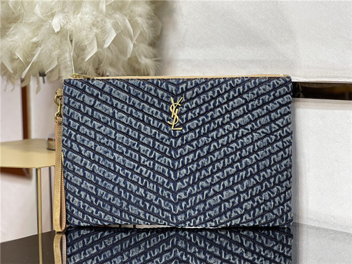 MONOGRAM DOCUMENT HOLDER IN MATELASSÉ DENIM GOLD-TONED METAL High