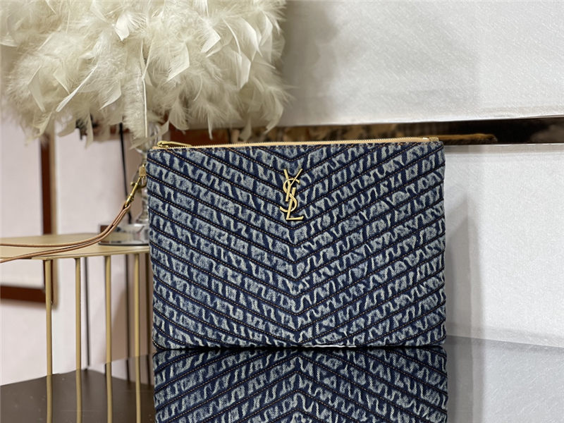 MONOGRAM TABLET POUCH IN MATELASSÉ DENIM GOLD-TONED METAL High