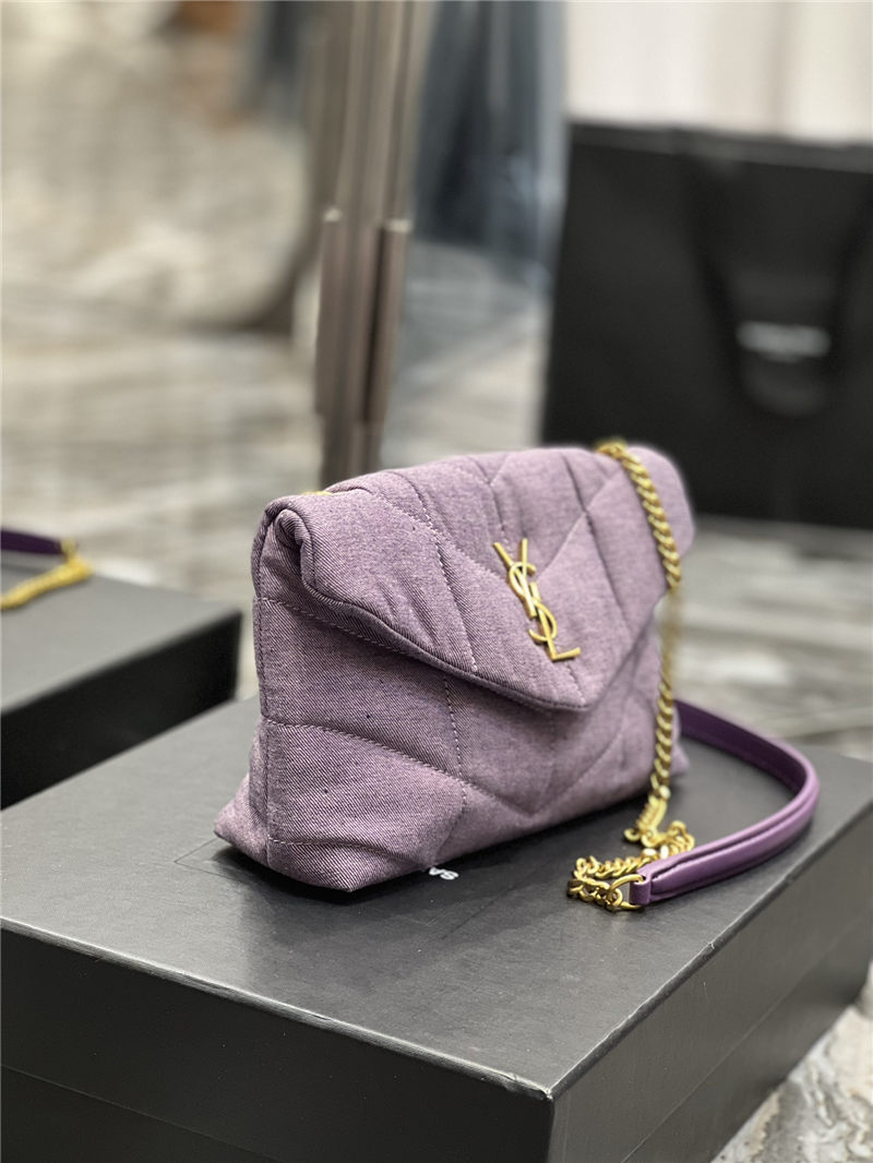 LOULOU PUFFER MINI BAG IN QUILTED DENIM AND SMOOTH LEATHER Lilac High