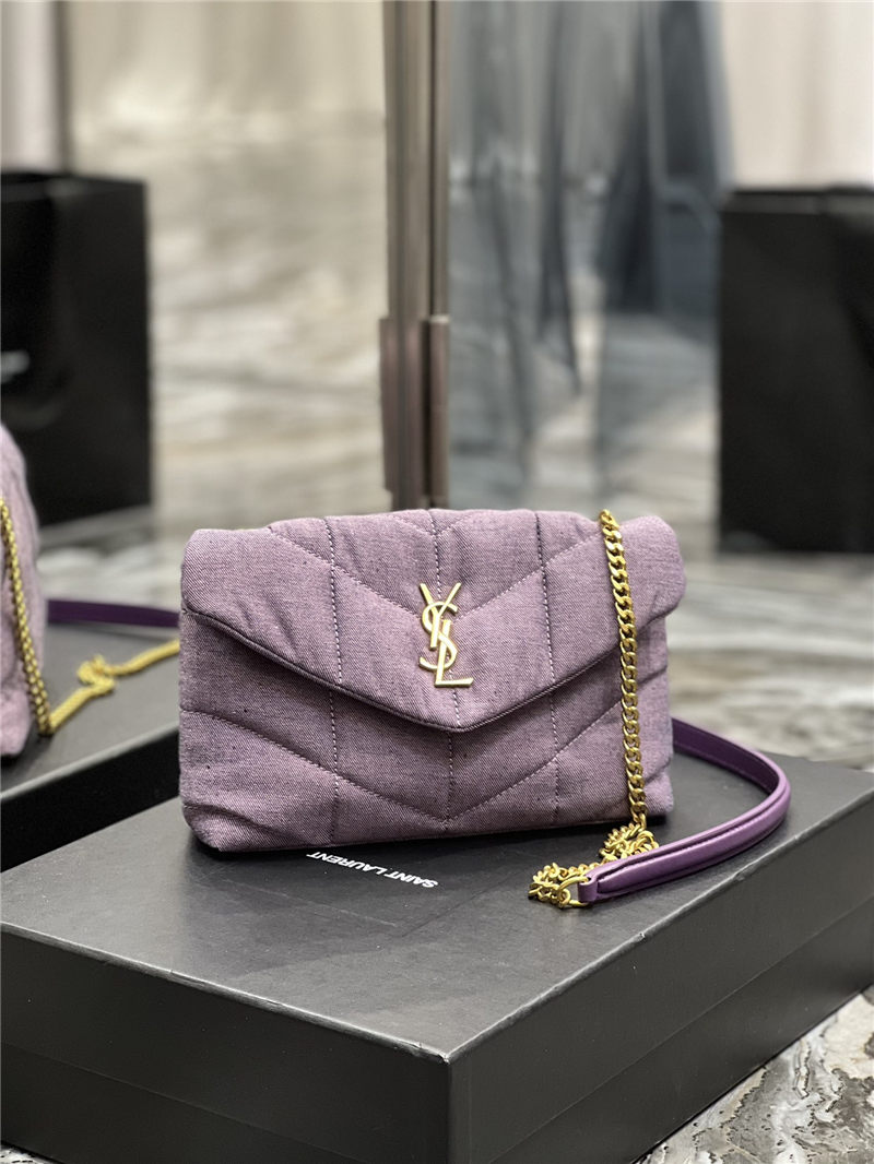 LOULOU PUFFER MINI BAG IN QUILTED DENIM AND SMOOTH LEATHER Lilac High