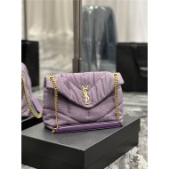 LOULOU PUFFER SMALL BAG IN QUILTED DENIM AND SMOOTH LEATHER Lilac High