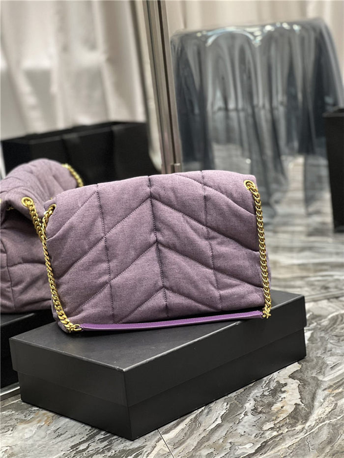 LOULOU PUFFER MEDIUM BAG IN QUILTED DENIM AND SMOOTH LEATHER Lilac High