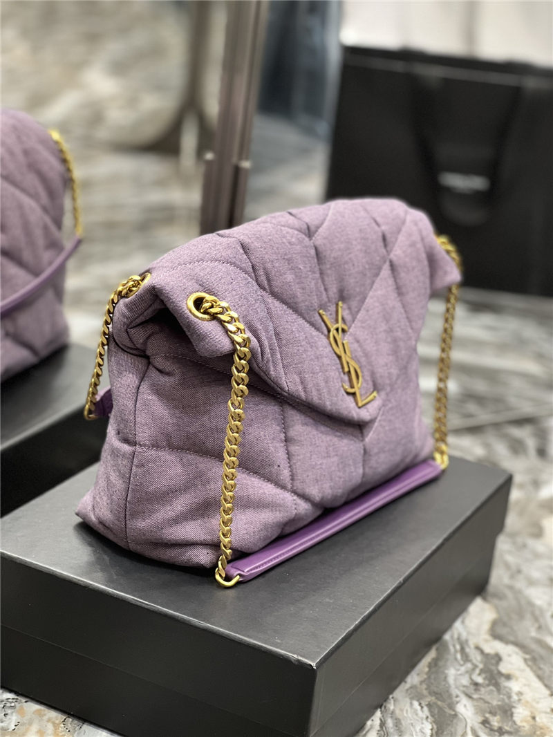 LOULOU PUFFER MEDIUM BAG IN QUILTED DENIM AND SMOOTH LEATHER Lilac High