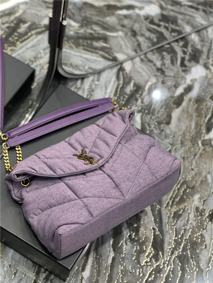 LOULOU PUFFER MEDIUM BAG IN QUILTED DENIM AND SMOOTH LEATHER Lilac High